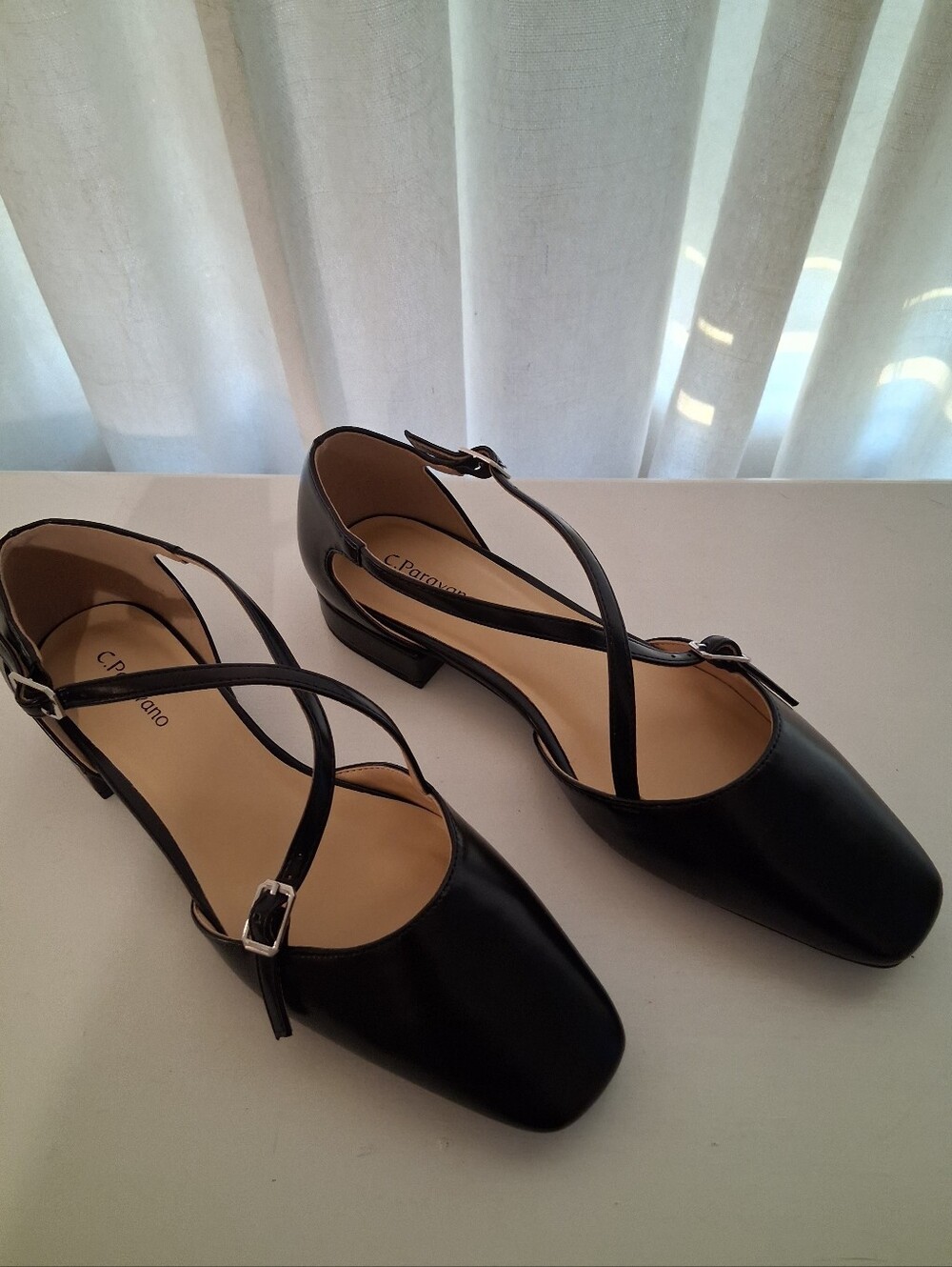 C.Paravano Black Cross-Strap Low Block Heel Flats for Women Retails $148